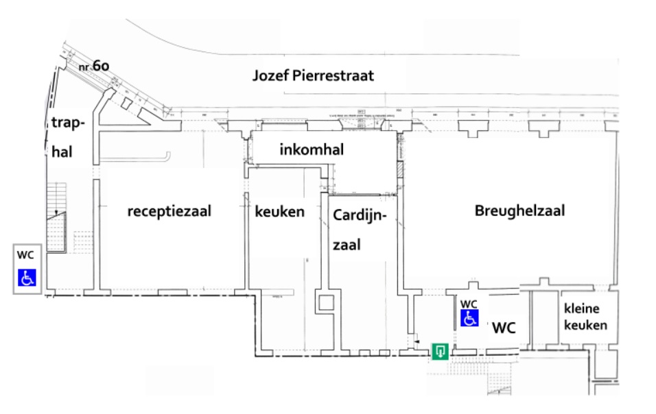 Gelijkvloersplan met daarop de Breughelzaal, de Cardijnzaal, de keuken, de receptie, de inkomhal en de traphal. 